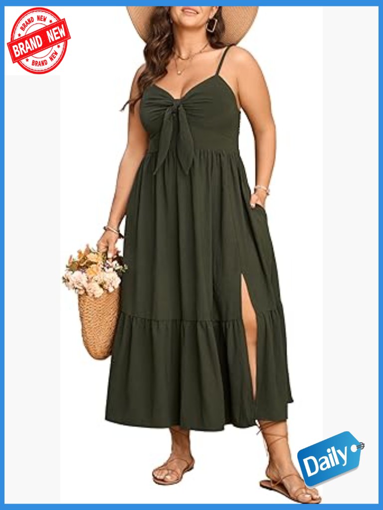 Plus Size Maxi Sun Dress Spaghetti Strap Tie Front Smocked Ruffle Split Casual